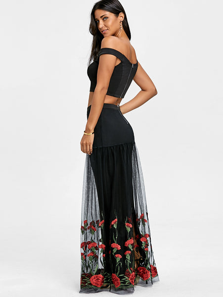 Bardot Floral Embroidery Two Piece Dress