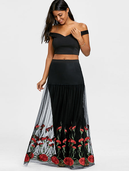 Bardot Floral Embroidery Two Piece Dress