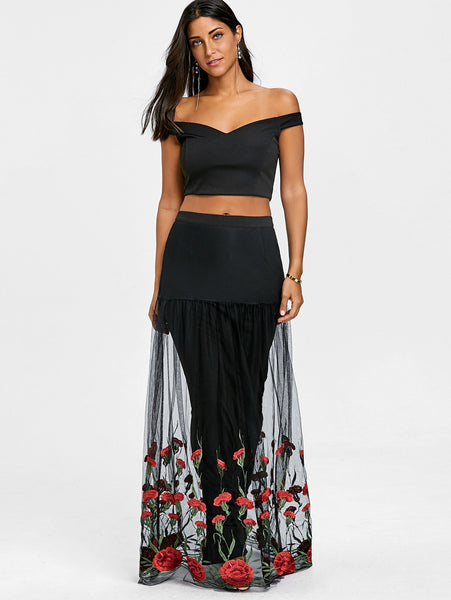 Bardot Floral Embroidery Two Piece Dress