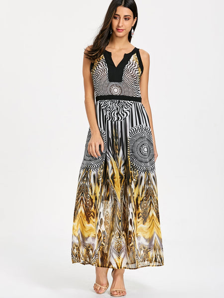 Round and Leopard Print Sleeveless Maxi Dress