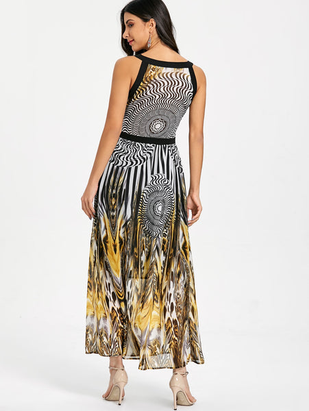 Round and Leopard Print Sleeveless Maxi Dress
