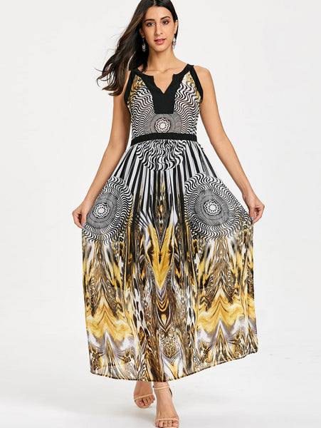 Round and Leopard Print Sleeveless Maxi Dress