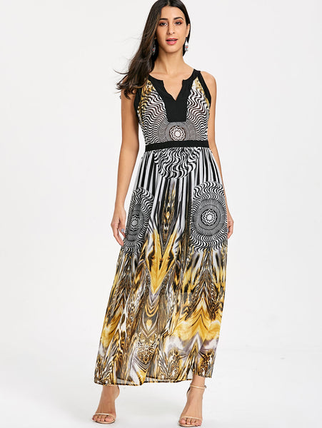 Round and Leopard Print Sleeveless Maxi Dress