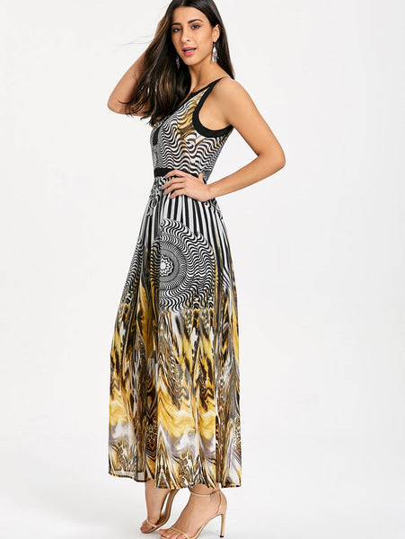Round and Leopard Print Sleeveless Maxi Dress