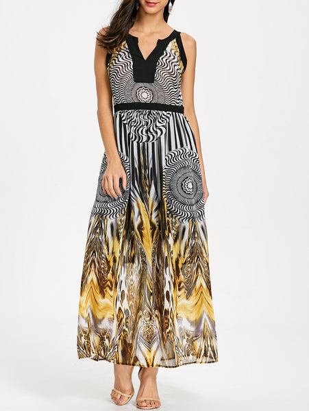 Round and Leopard Print Sleeveless Maxi Dress
