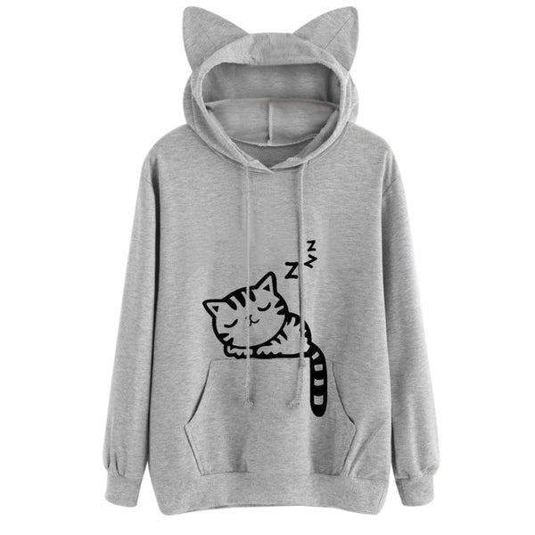 Drawstring Sleeping Cat Pattern Pullover Hoodie
