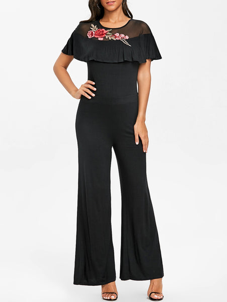Embroidered Ruffled Wide Leg Jumpsuit