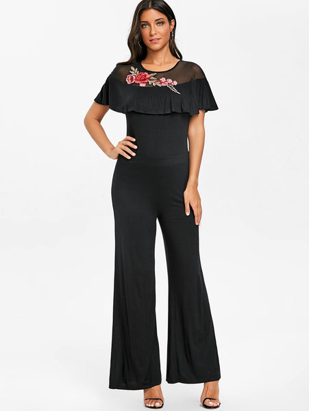 Embroidered Ruffled Wide Leg Jumpsuit
