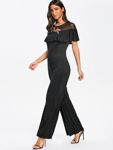 Embroidered Ruffled Wide Leg Jumpsuit
