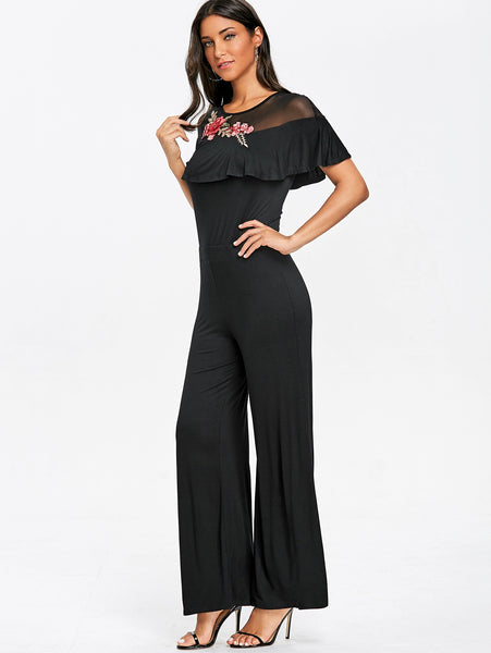 Embroidered Ruffled Wide Leg Jumpsuit