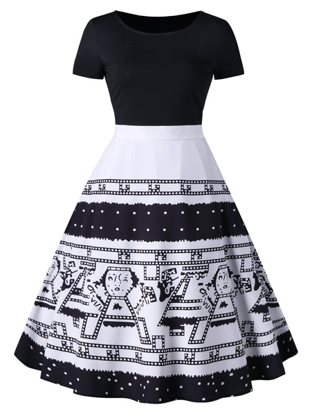 Short Sleeve Cartoon Figure Flared Dress