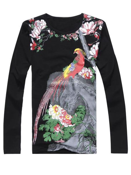 Chinese Style Florals and Bird Print T-shirt