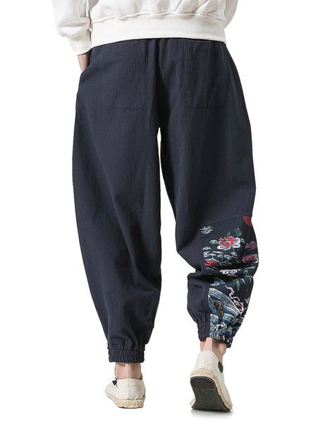 Cotton Linen Chinoiserie Printed Jogger Pants