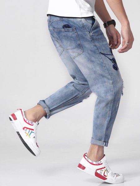 Destroy Wash Distressed Floral Embroidery Jeans