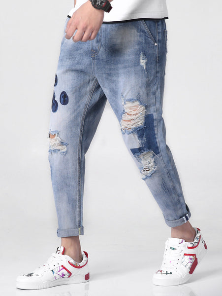 Destroy Wash Distressed Floral Embroidery Jeans