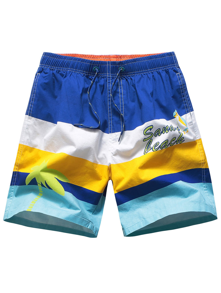 High Waist Drawstring Color Block Board Shorts