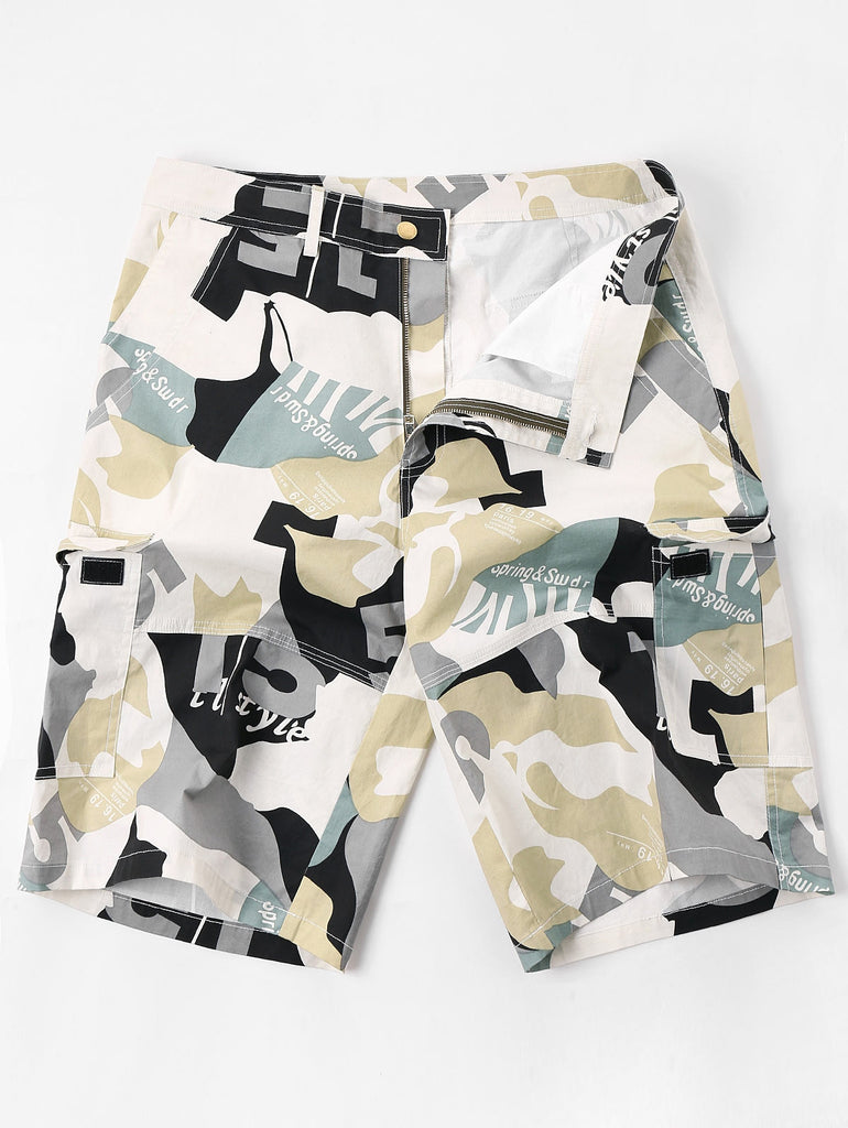 Letter Camo Print Multi-pocket Cargo Shorts