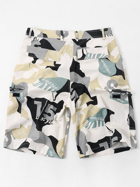 Letter Camo Print Multi-pocket Cargo Shorts