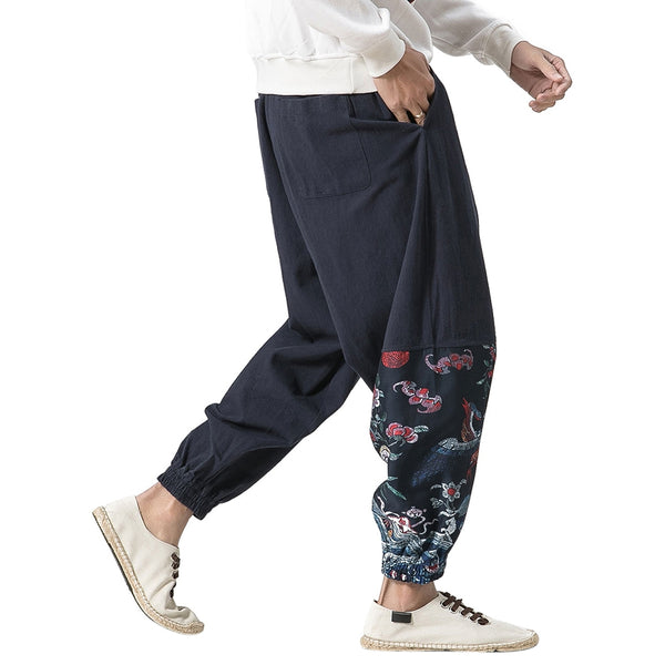 Cotton Linen Chinoiserie Printed Jogger Pants