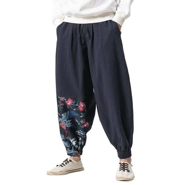 Cotton Linen Chinoiserie Printed Jogger Pants