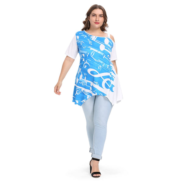 Trendy Skew Collar Short Sleeve Print Plus Size Women T-shirt