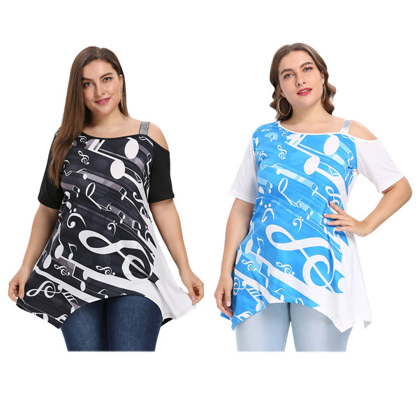 Trendy Skew Collar Short Sleeve Print Plus Size Women T-shirt
