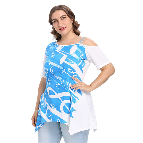 Trendy Skew Collar Short Sleeve Print Plus Size Women T-shirt