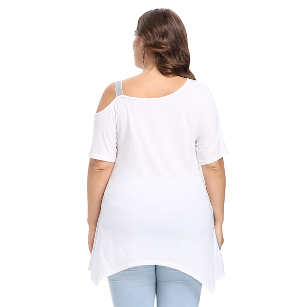 Trendy Skew Collar Short Sleeve Print Plus Size Women T-shirt