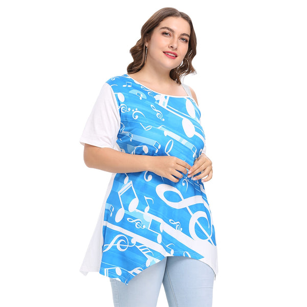 Trendy Skew Collar Short Sleeve Print Plus Size Women T-shirt