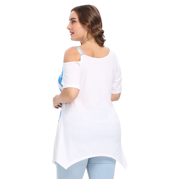 Trendy Skew Collar Short Sleeve Print Plus Size Women T-shirt