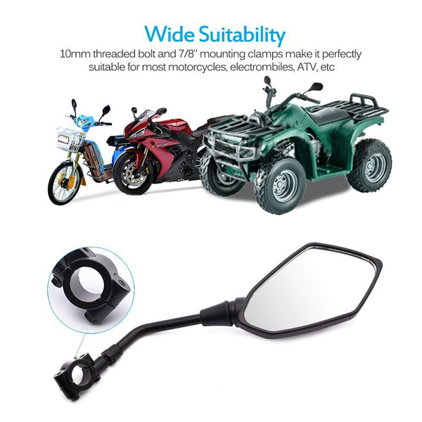 Universal Hawk-eye Motorcycle Convex Rear View Mirror - with 10mm Bolt, 7/8" Handle Bar Mount Clamp for Cruiser, Suzuki, Honda, Victory and More