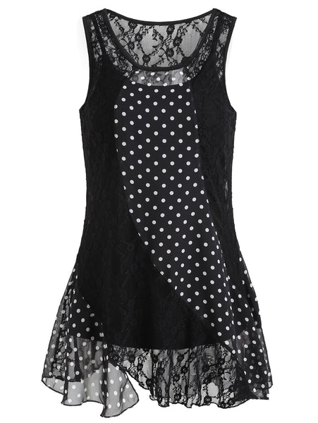 Polka Dot Panel Sleeveless Lace Blouse