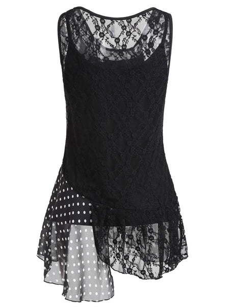 Polka Dot Panel Sleeveless Lace Blouse