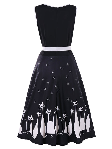 V Neck Cat Print Midi Surplice Dress