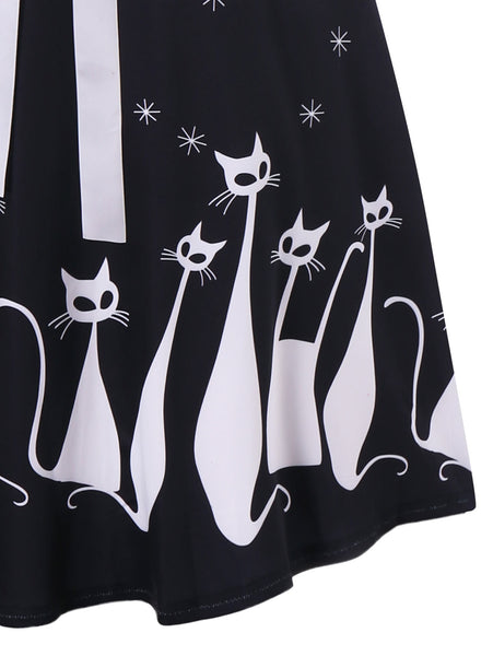 V Neck Cat Print Midi Surplice Dress