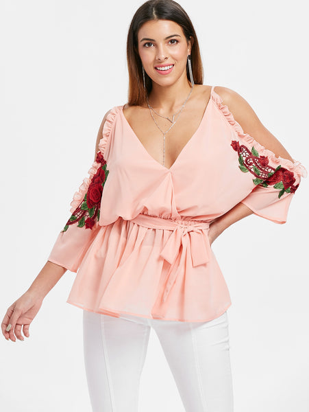Cold Shoulder Embroidery Surplice Blouse