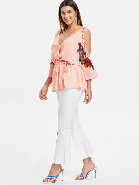 Cold Shoulder Embroidery Surplice Blouse