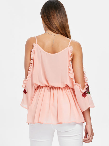 Cold Shoulder Embroidery Surplice Blouse