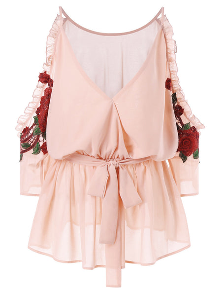 Cold Shoulder Embroidery Surplice Blouse