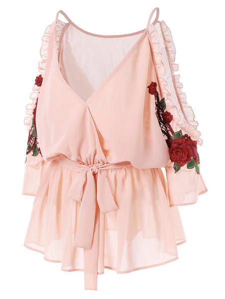 Cold Shoulder Embroidery Surplice Blouse