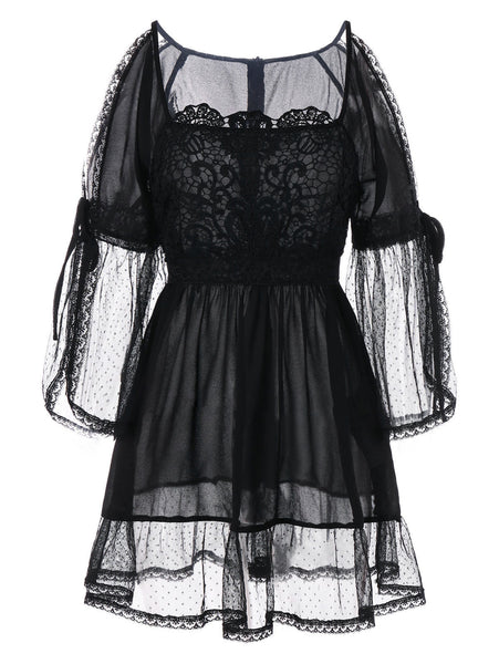 Cold Shoulder Lace Applique Flounce Blouse