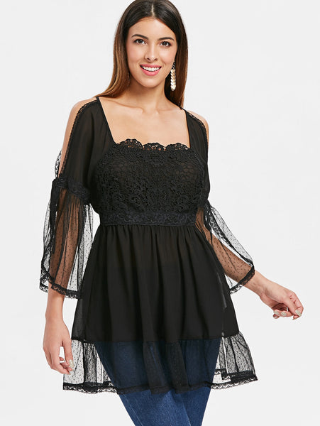 Cold Shoulder Lace Applique Flounce Blouse