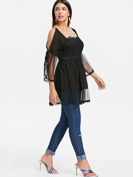 Cold Shoulder Lace Applique Flounce Blouse