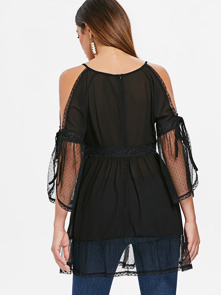 Cold Shoulder Lace Applique Flounce Blouse