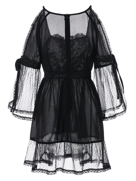 Cold Shoulder Lace Applique Flounce Blouse