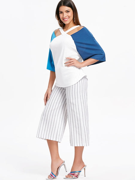 Cut Out V Neck Plain T-shirt