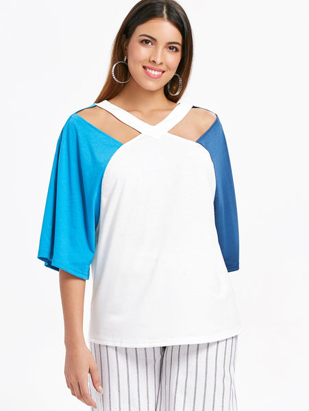 Cut Out V Neck Plain T-shirt