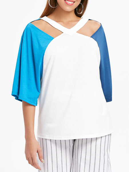 Cut Out V Neck Plain T-shirt