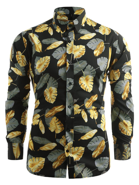 Allover Golden Leaves Print Casual Shirt