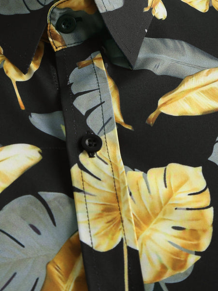 Allover Golden Leaves Print Casual Shirt